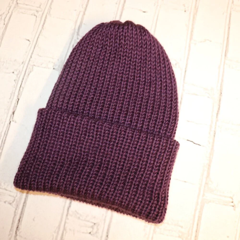 💜 Dark Purple Satin Knitted Beanie – Handmade · Women’s Medium